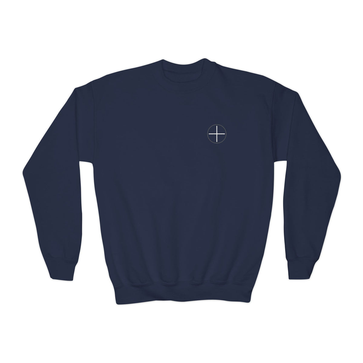 Youth Crewneck Sweatshirt — Minimal Apostles Names Back Print, Small Cross Chest