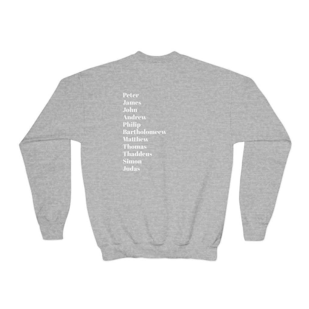 Youth Crewneck Sweatshirt — Minimal Apostles Names Back Print, Small Cross Chest