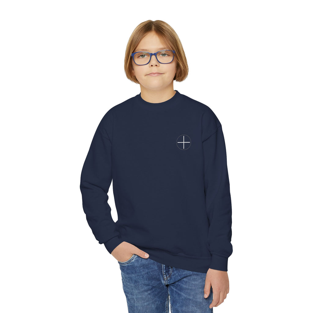 Youth Crewneck Sweatshirt — Minimal Apostles Names Back Print, Small Cross Chest