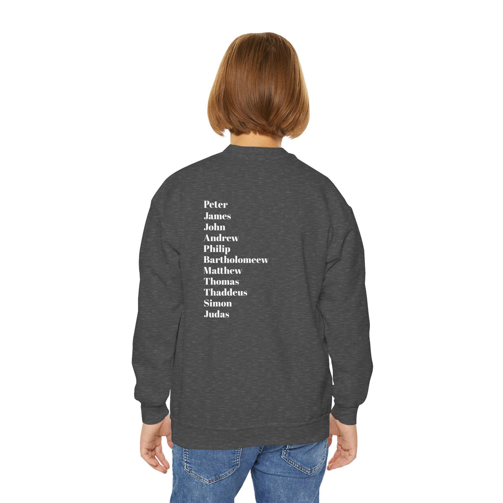 Youth Crewneck Sweatshirt — Minimal Apostles Names Back Print, Small Cross Chest