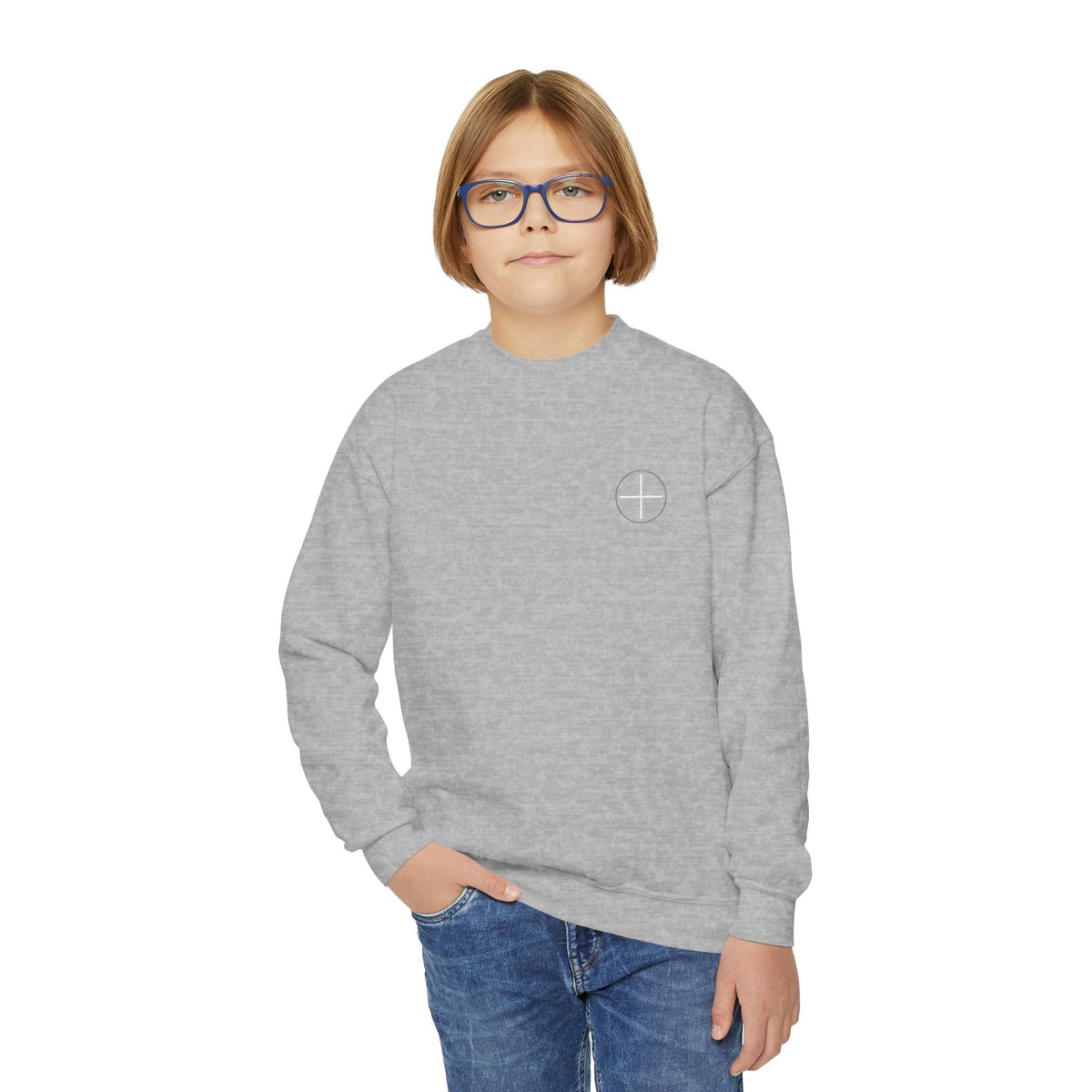 Youth Crewneck Sweatshirt — Minimal Apostles Names Back Print, Small Cross Chest