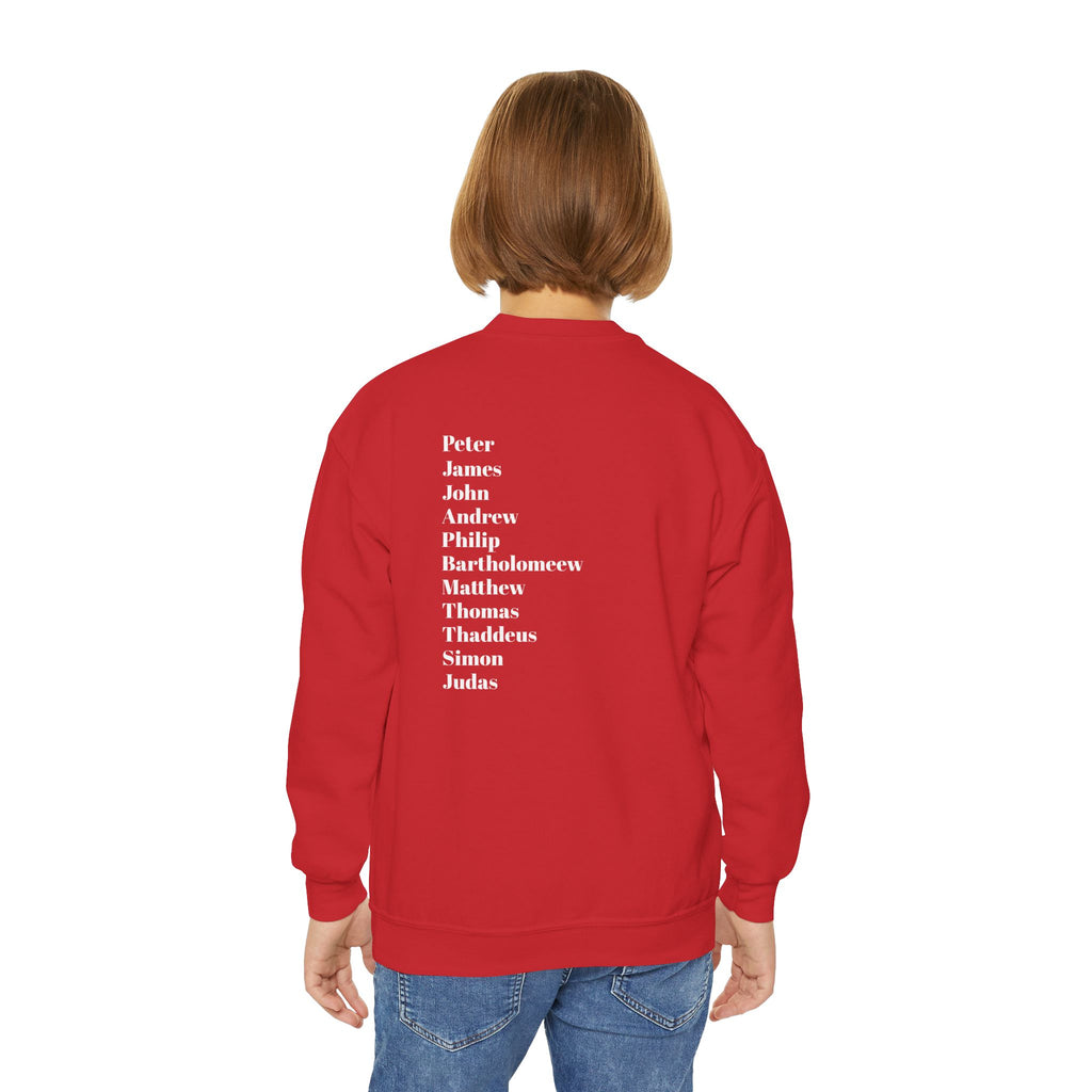 Youth Crewneck Sweatshirt — Minimal Apostles Names Back Print, Small Cross Chest