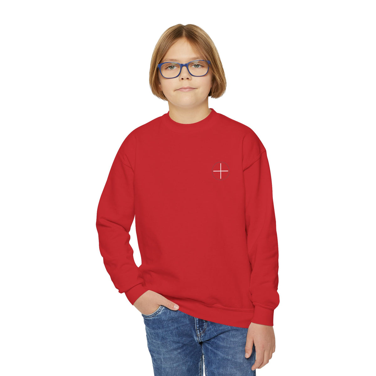 Youth Crewneck Sweatshirt — Minimal Apostles Names Back Print, Small Cross Chest
