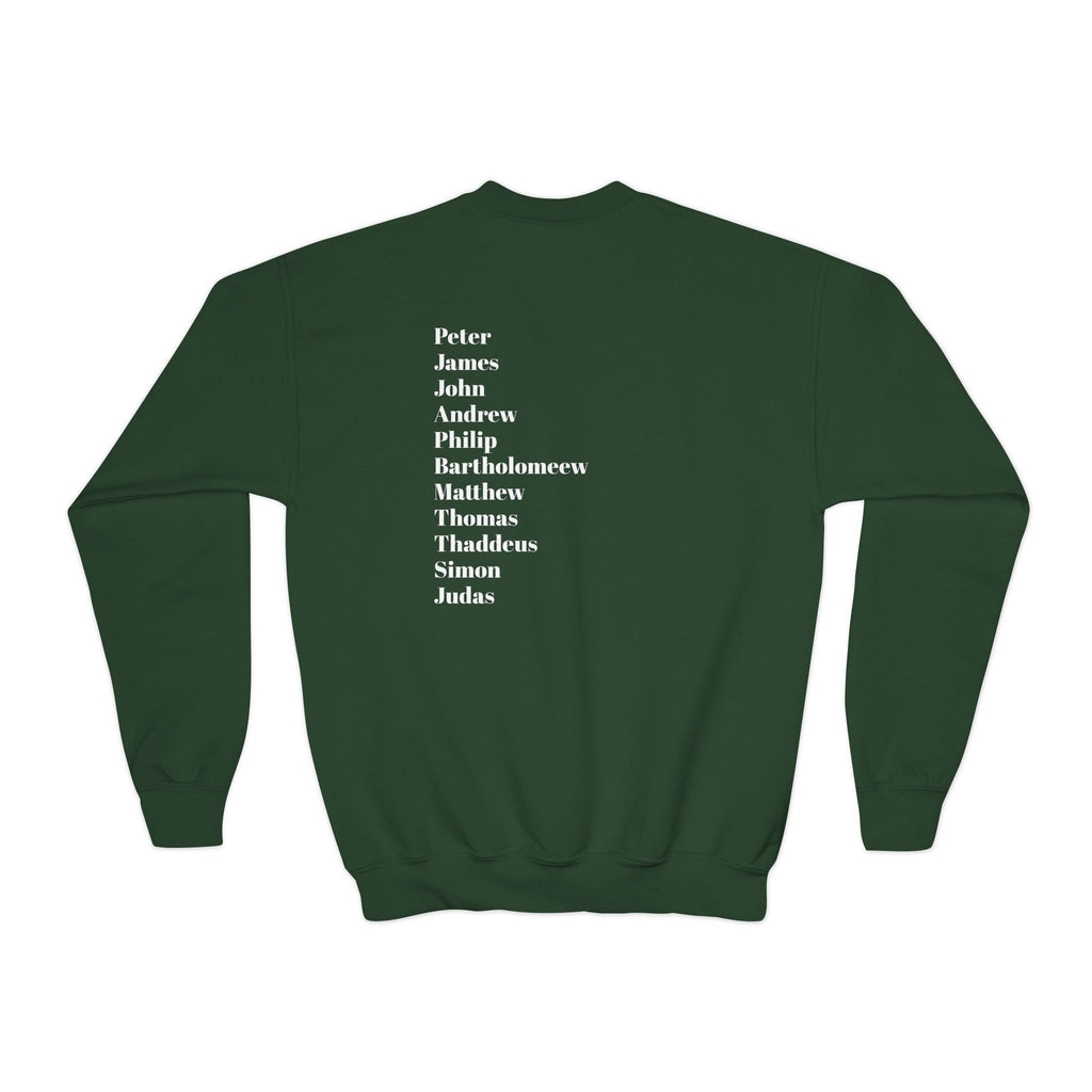 Youth Crewneck Sweatshirt — Minimal Apostles Names Back Print, Small Cross Chest