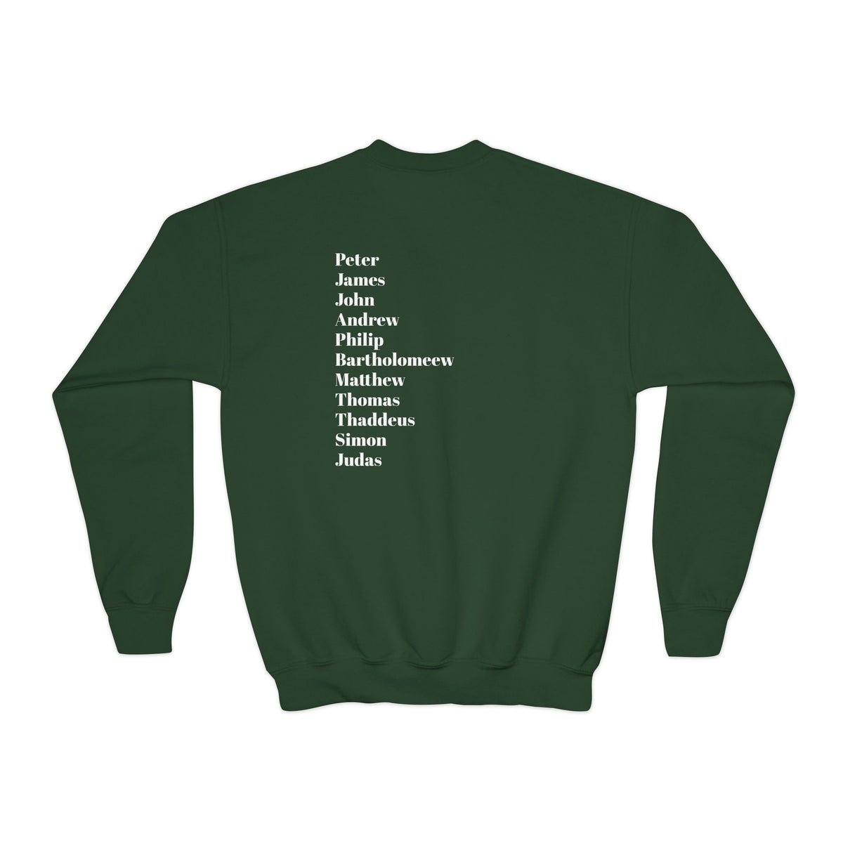 Youth Crewneck Sweatshirt — Minimal Apostles Names Back Print, Small Cross Chest