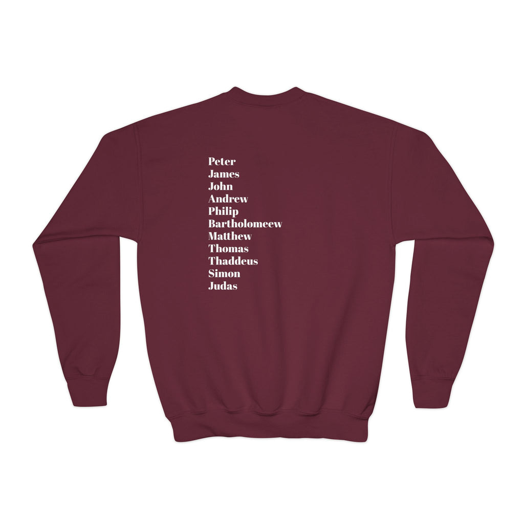 Youth Crewneck Sweatshirt — Minimal Apostles Names Back Print, Small Cross Chest