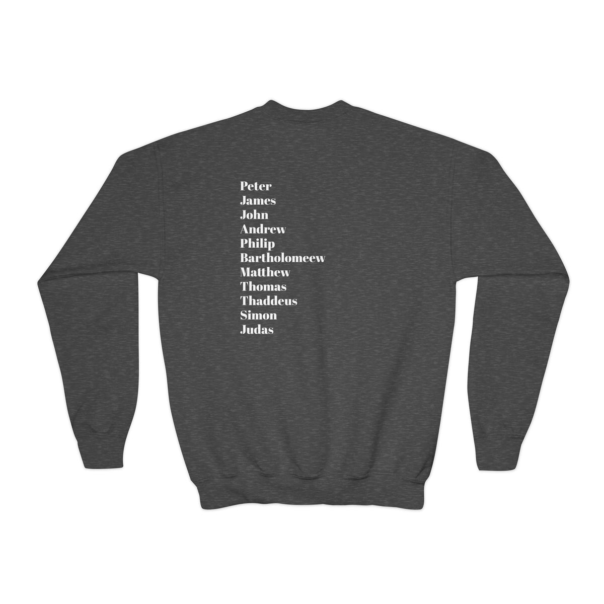 Youth Crewneck Sweatshirt — Minimal Apostles Names Back Print, Small Cross Chest