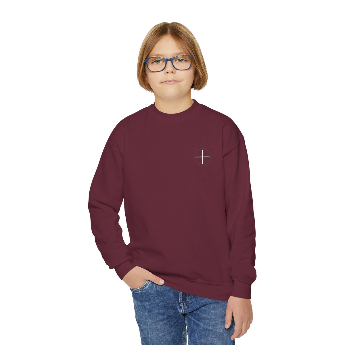 Youth Crewneck Sweatshirt — Minimal Apostles Names Back Print, Small Cross Chest