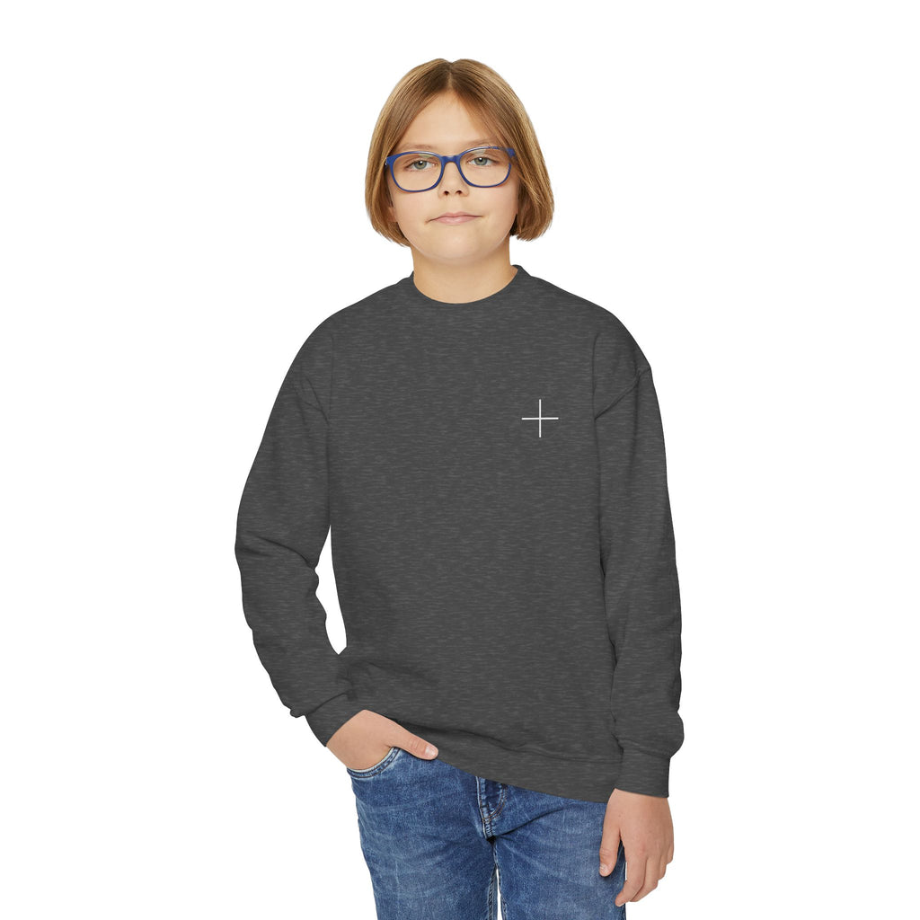 Youth Crewneck Sweatshirt — Minimal Apostles Names Back Print, Small Cross Chest