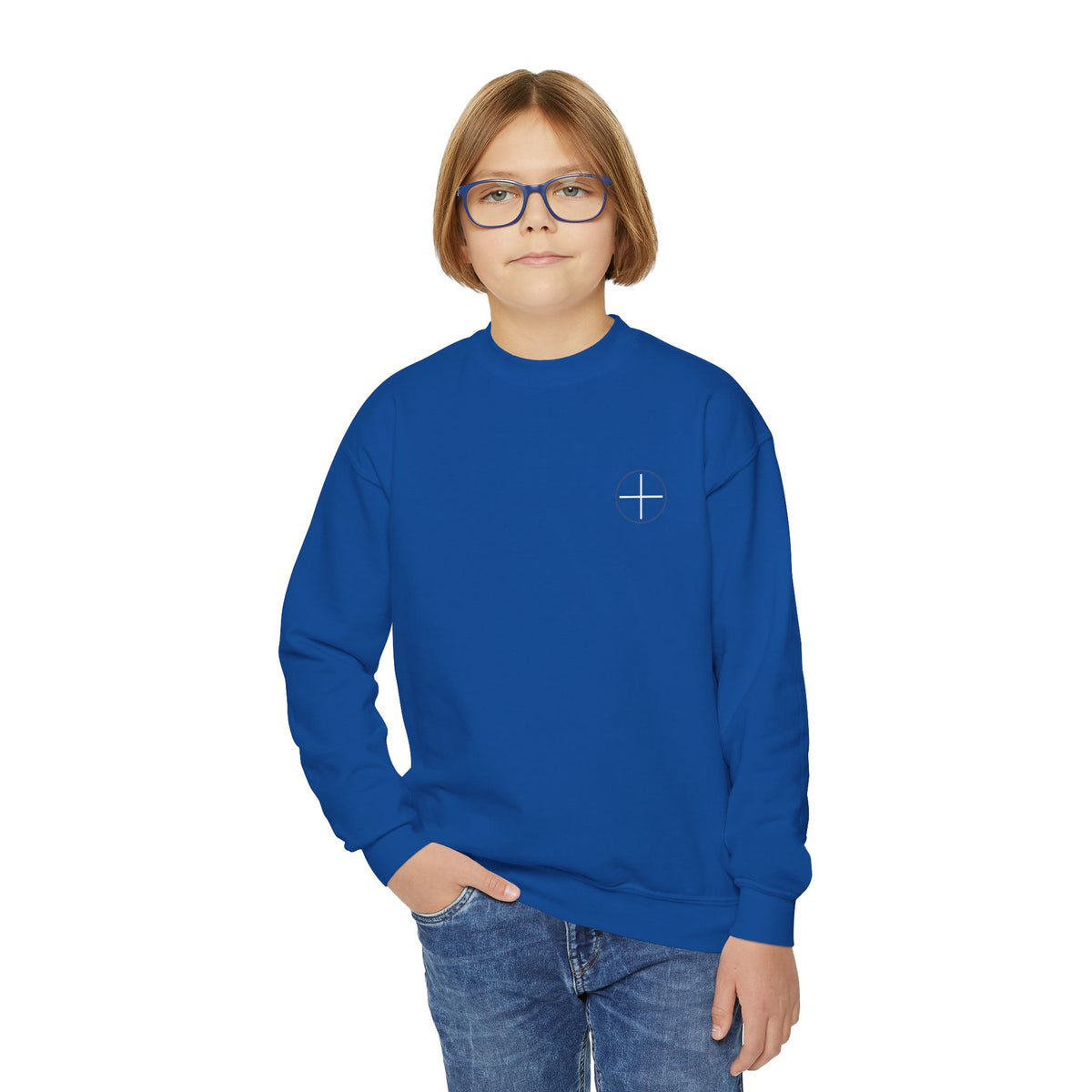 Youth Crewneck Sweatshirt — Minimal Apostles Names Back Print, Small Cross Chest