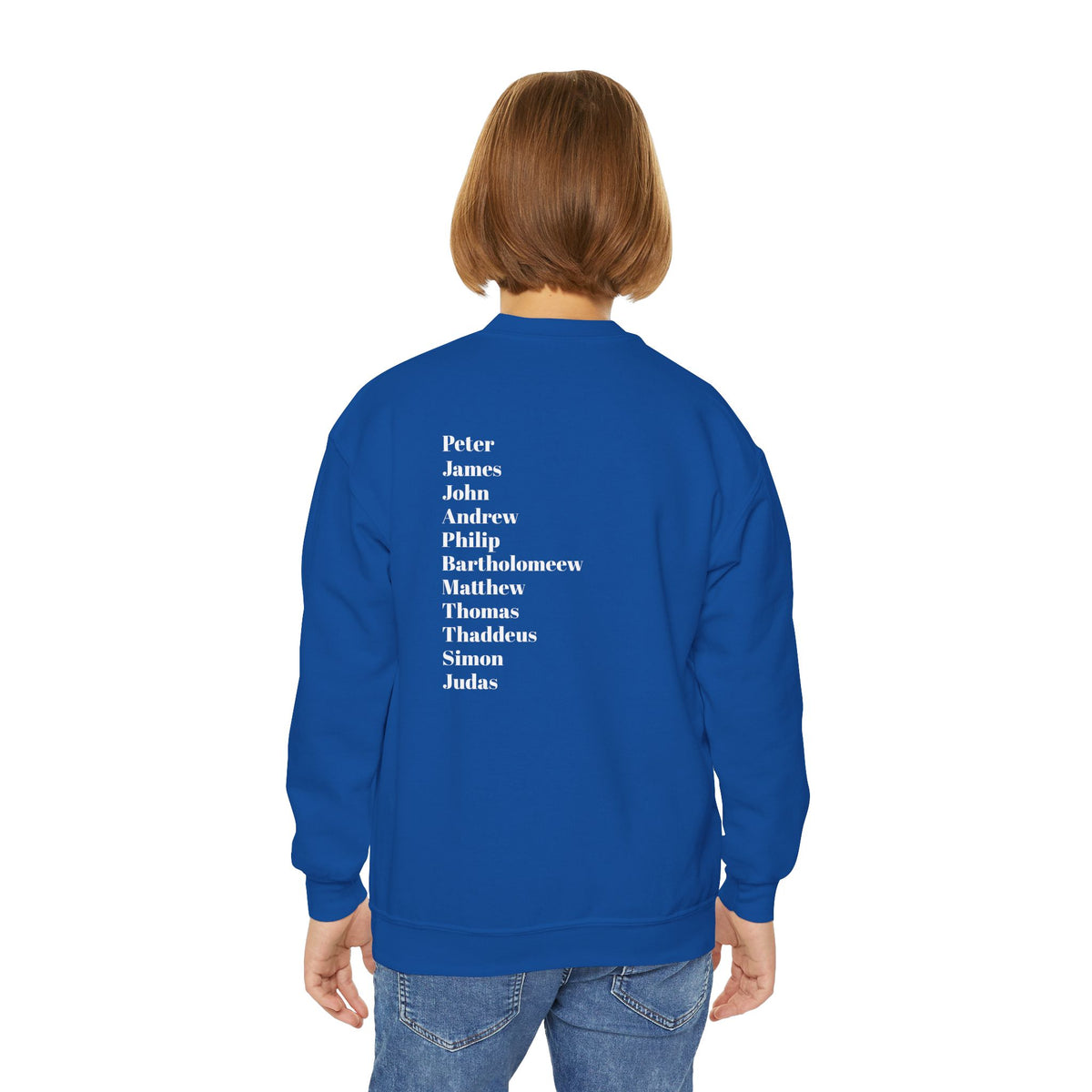 Youth Crewneck Sweatshirt — Minimal Apostles Names Back Print, Small Cross Chest