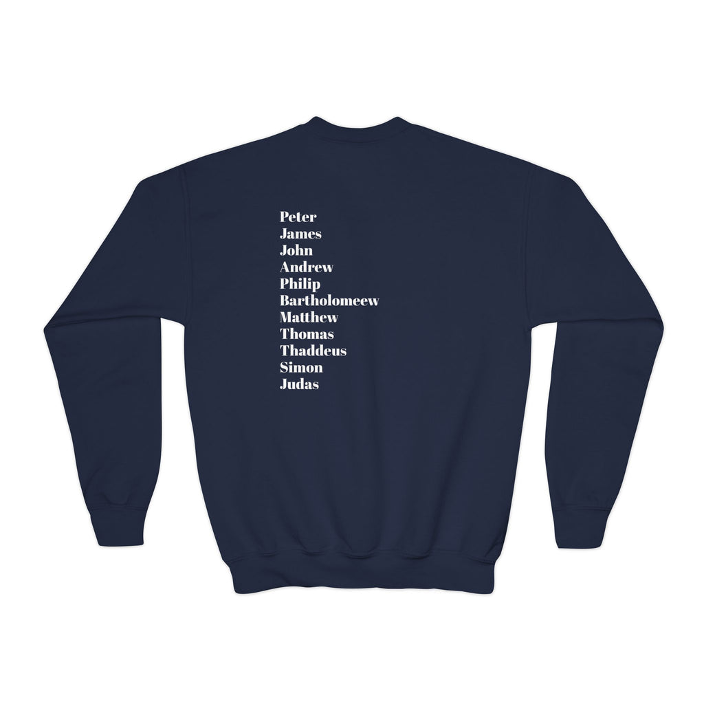 Youth Crewneck Sweatshirt — Minimal Apostles Names Back Print, Small Cross Chest