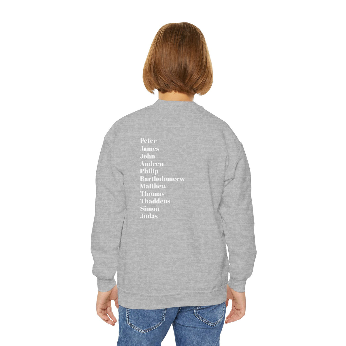 Youth Crewneck Sweatshirt — Minimal Apostles Names Back Print, Small Cross Chest