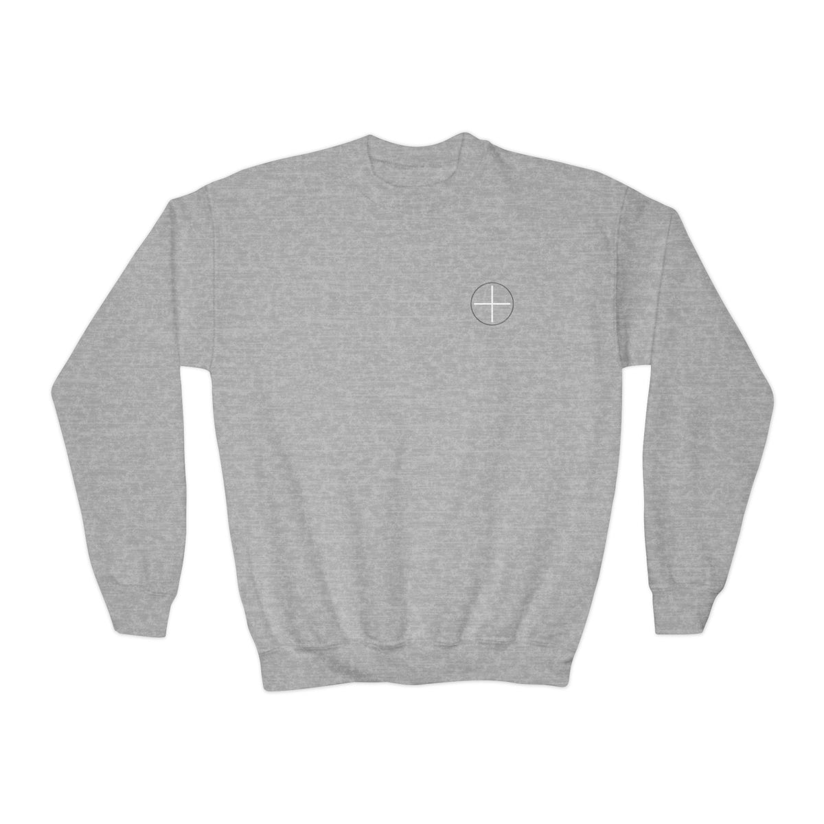 Youth Crewneck Sweatshirt — Minimal Apostles Names Back Print, Small Cross Chest